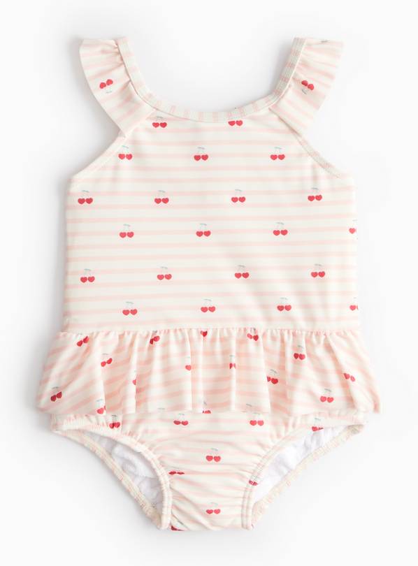 Pink Stripe Cherry Print Frill Swimsuit  2-3 years